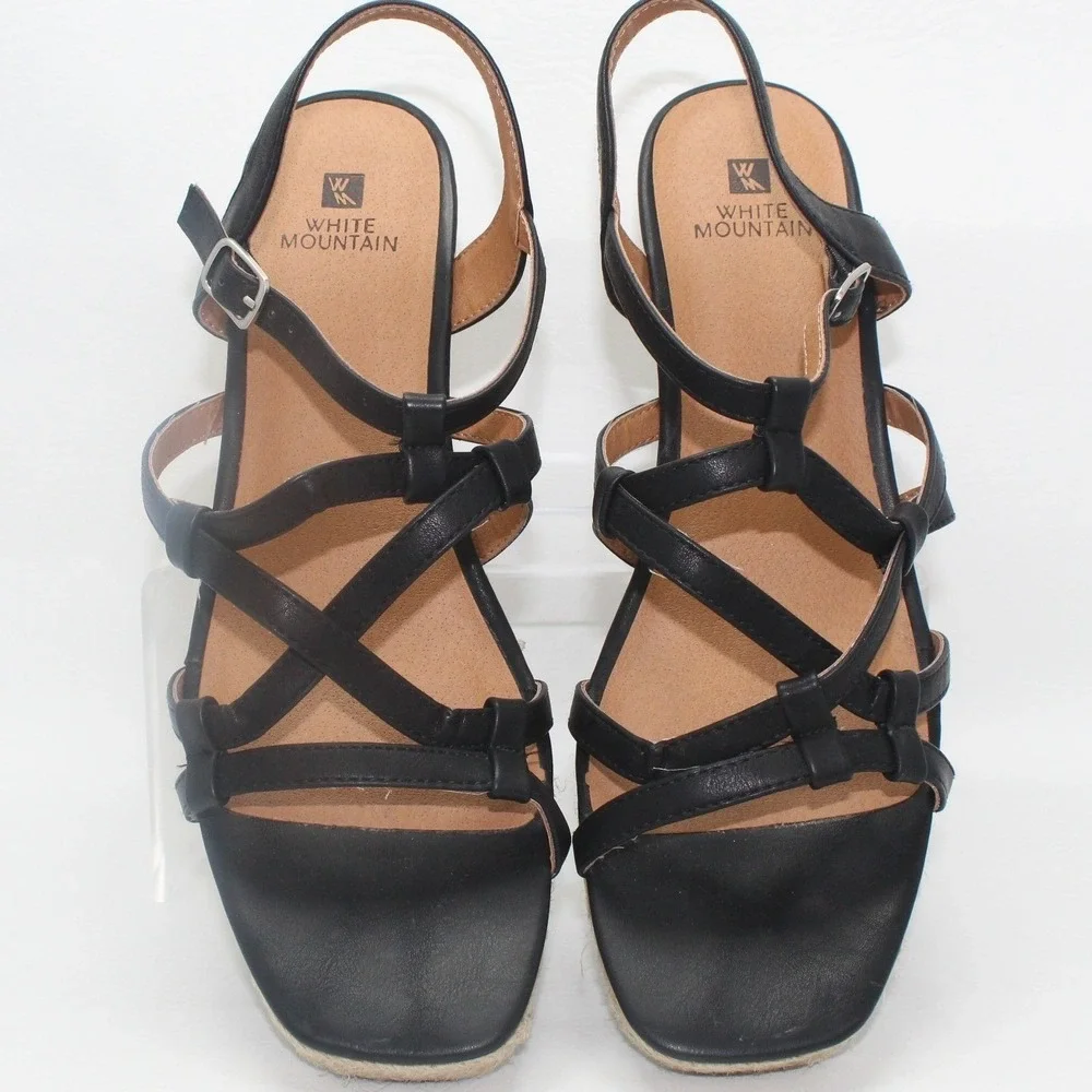 White Mountain Swayze Black Strappy Espadrille Wedge Sandals Womens 10M‎